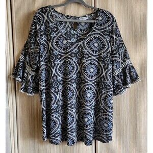 Roommates Women's Blouse Size 2X Blue Pullover Bell Sleeve Flattering Boho EUC